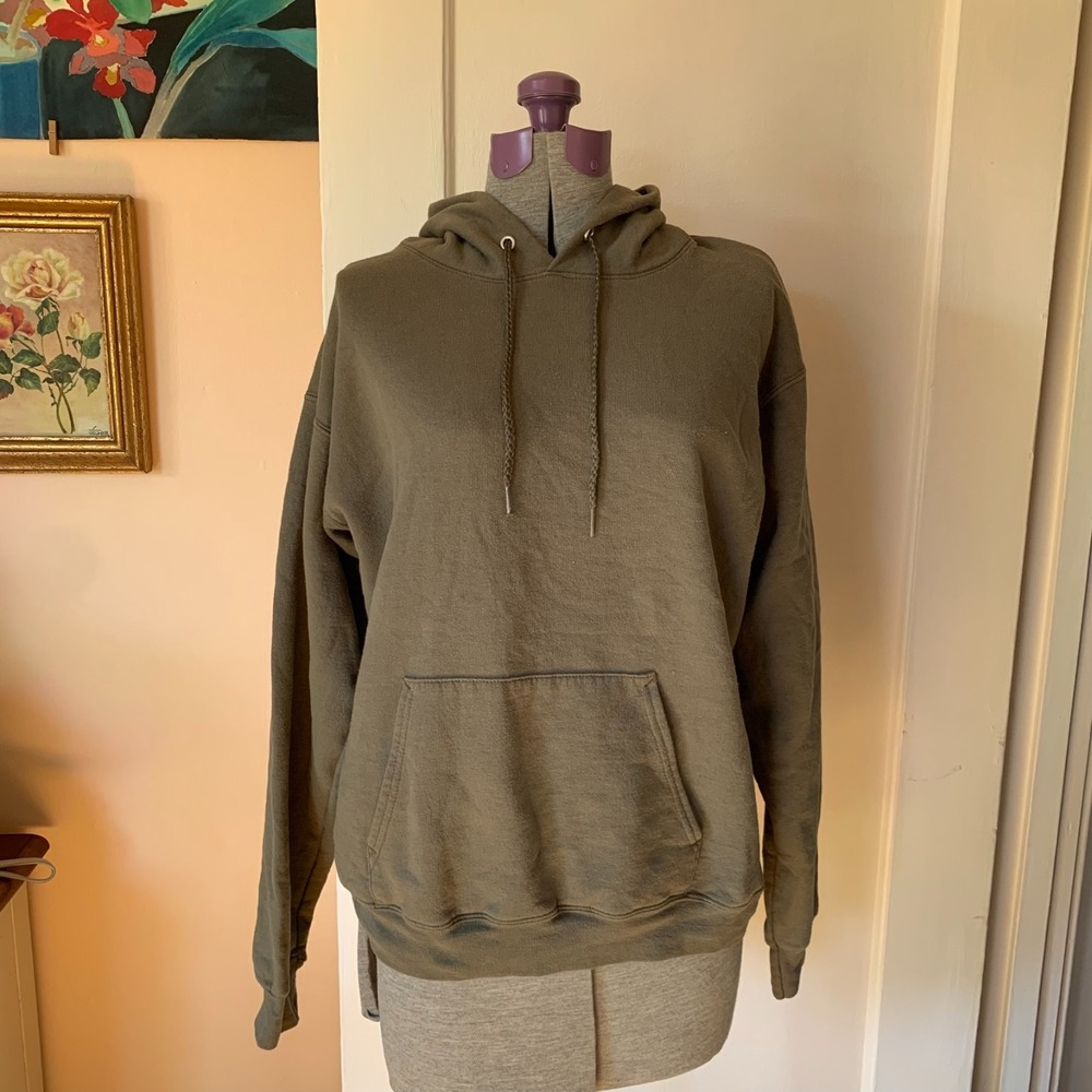 Vintage Olive Green Pullover Hoodie Sweatshirt Braided Drawstring Mens Large